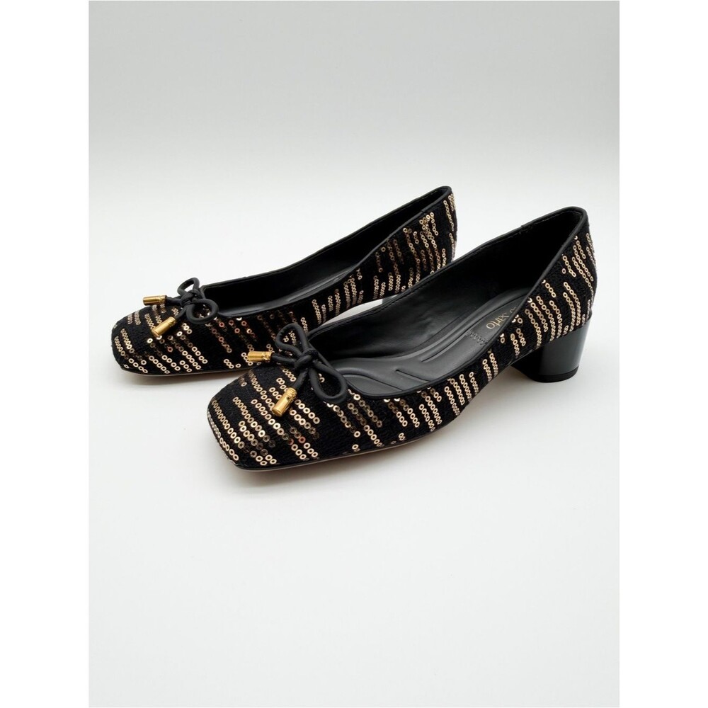 Franco Sarto Natalia Square Toe Block Heel Pumps Bow Black Gold Sequin 5 NEW